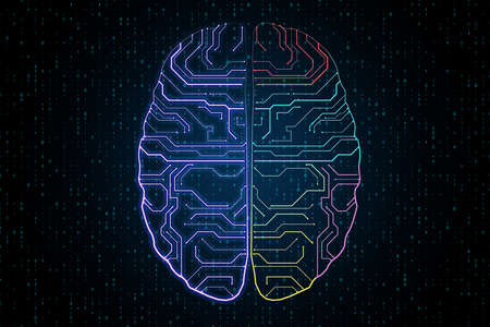 Circuit brain sketch on dark background. AI and ambition concept. 3D Renderingの写真素材
