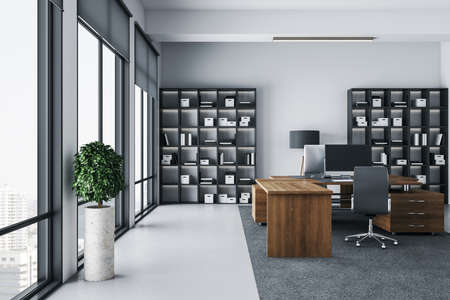 Office coworking hall with city view, computers on table and shelf with documents. Workplace and company concept. 3D Renderingの写真素材