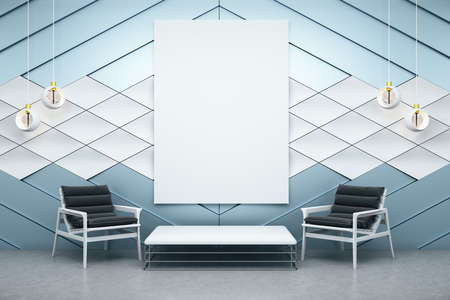 Contemporary waiting room with two chairs and blank poster on wall. Presentation concept. 3D Renderingの写真素材