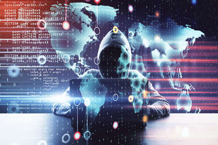 Hacker using laptop and glowing world map with glowing programming interface. Software and programming concept.の写真素材