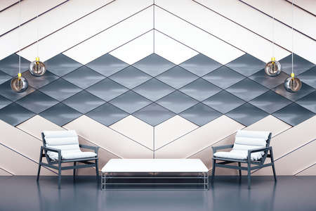 Futuristic waiting room with two chairs. Workplace and lifestyle concept. 3D Rendering