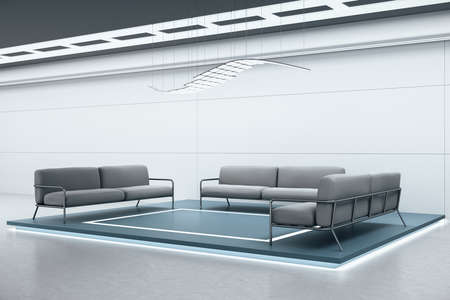 Modern waiting room with tree sofa and blank wall. Workplace and lifestyle concept. 3D Rendering