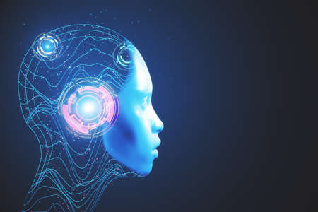 Abstract blue digital robot head hologram on dark background. Futuristic and technology concept. 3D Renderingの写真素材