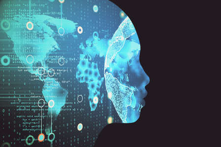 Futuristic and technological robot head. AI and coding concept. Close up. 3D Rendering