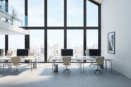 Modern loft office space with computers and panoramic city view. Workplace and corporate concept. 3D...