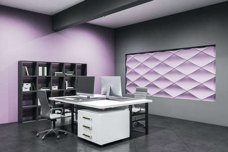 Luxury office workplace with empty computer screen and decorative wall. Business and company...