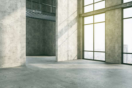 Exhibition hall room with panoramic city view. Performance and presentation concept. 3D Rendering
