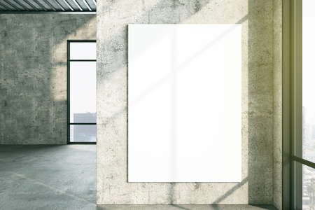 Minimalistic concrete interior with blank poster on concrete wall. Presentation concept. Mock up. 3D...