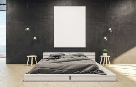 Clean bedroom interior with a wooden bed, blank poster, and lamp. 3D rendering.の写真素材