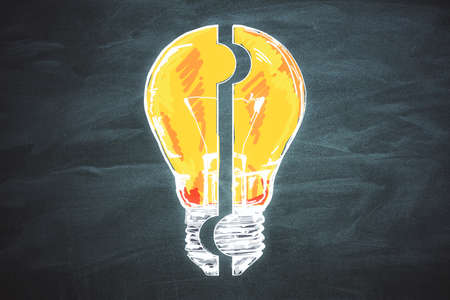 Drawing a yellow light bulb puzzle on the blackboard. Success and solution concept. 3D Rendering