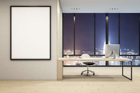 CEO office with computer and blank banner on wall. Management and workplace concept. 3d rendering