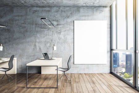 Creative designer interior with laptops on table and blank poster on wall. Mock up, 3D Rendering