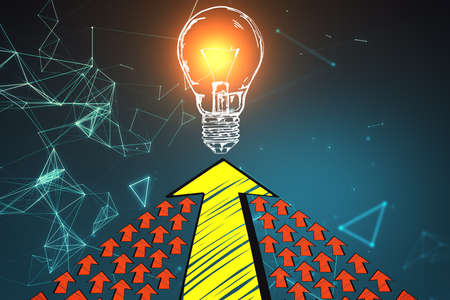 Drawing many arrows and glowing lamp. Idea and leadership concept. 3D Renderingの写真素材