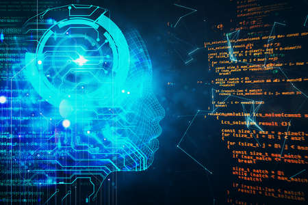 Abstract programming backdrop with robot head outline. AI and coding concept. 3D Rendering