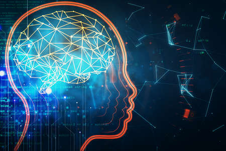 Robot head and digital brain hologram on futuristic HTML background. AI and coding concept. 3D...
