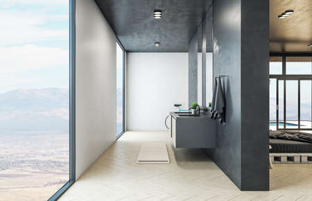 Modern hipster style bathroom interior with mirror and daylight. Design, apartment and hotel...
