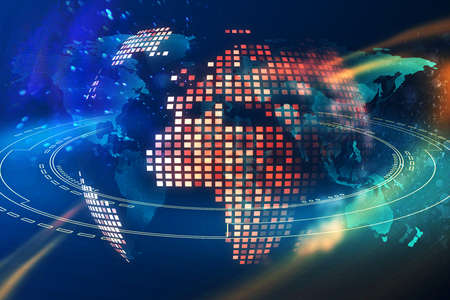 Glowing pixel world map on blue background. Innovation and global data concept. 3D Rendering