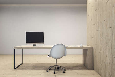 Interior of CEO office with computer table with blank screen. Management and workplace concept. 3d renderingの写真素材