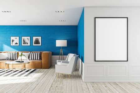 Clean living room interior with sofa, lamp, coffee table and blank vertical billboard on wall....