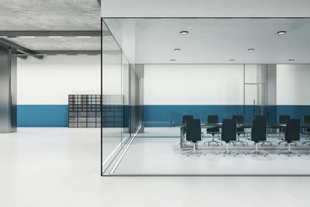 Meeting room interior with furniture, glass walls and metal columns. 3D Rendering