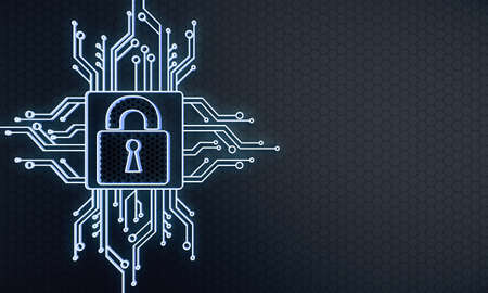 Glowing symbol of a closed lock with a microcircuit and a place , mockup. 3D Renderingの写真素材