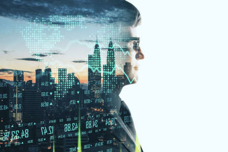 Businessman silhouette on business report hologram. Business and financial success concept. Close upの写真素材