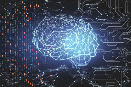 Creative polygonal brain on virtual screen. AI and success concept. 3D Renderingの写真素材