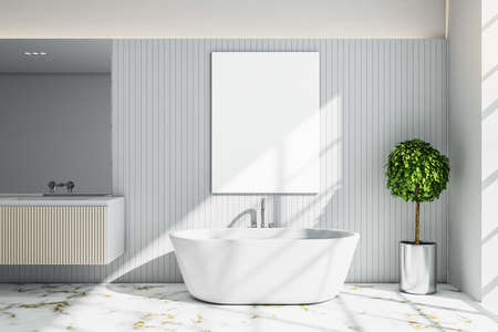 Contemporary bathroom interior with mirror, bath and blank poster on wall. Design, apartment and hotel concept. 3D Renderingの写真素材