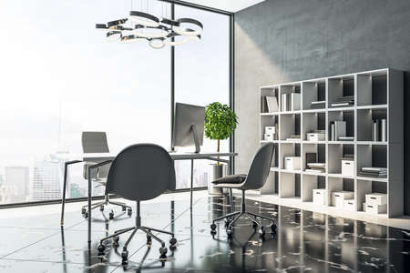 Luxury ceo office interior with computers and shelves with documents and panoramic city view....