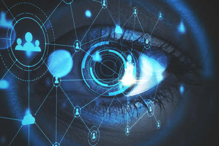 Human eye and cyber technology panel with social media hologram. Cloud computing, and interactive hud concept. Close upの写真素材