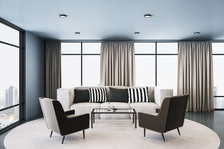 Modern living room interior with sofa, two chairs and panoramic city view. Workplace and lifestyle...