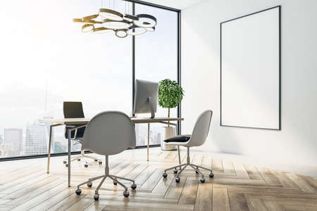 Luxury ceo office with blank vertical banner on wall and megapolis city view. Business and...