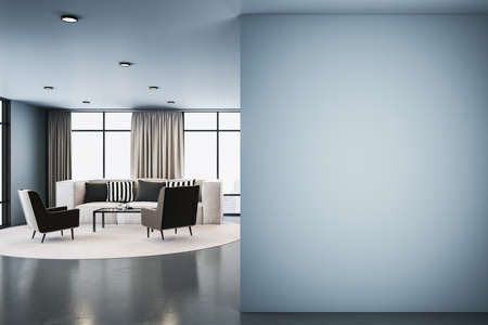 Modern living room interior with sofa and blank blue wall. Presentation and lifestyle concept. 3D...