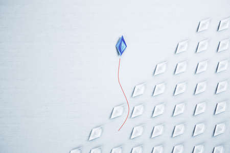 Top view origami blue ship. Leadership and transport concept. 3D Renderingの写真素材