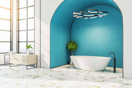Modern bathroom interior with bath and blue arch. Style and hygiene concept. 3D Renderingの写真素材