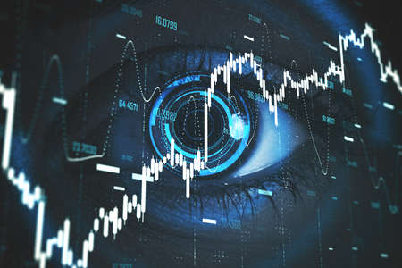 Digital screen with stock charts and eye. Business security and trading concept. Mock up.の写真素材
