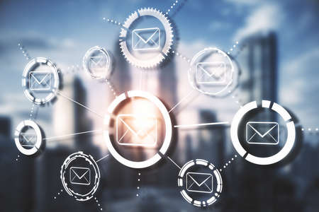 Creative glowing cloud email map hologram on a blurry city background. Cloud computing interactive hud concept.の写真素材