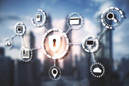 Abstract glowing padlock hologram on blurry city background. Web safety and protection concept....