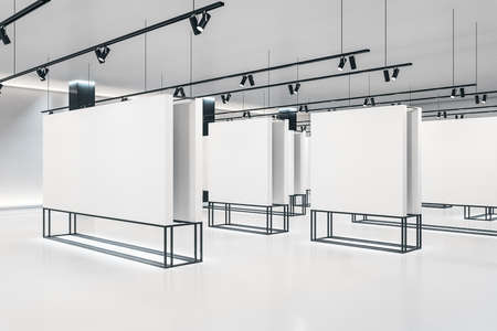 Minimalistic white gallery interior with empty exhibition stand and daylight. Mock up, 3D Renderingの写真素材