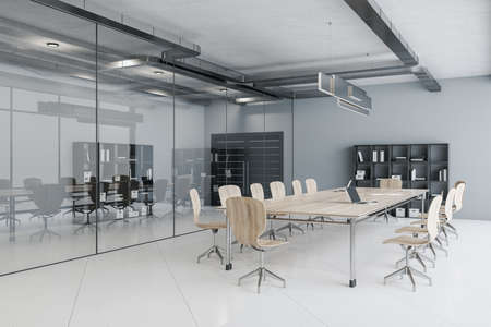 Comfortable conference interior with chairs, wooden table and bookcase. Business and corporate...
