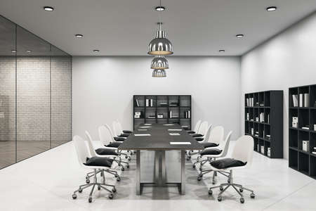 Luxury meeting loft room with equipment, wooden white and glass wall. Seminar and conference...