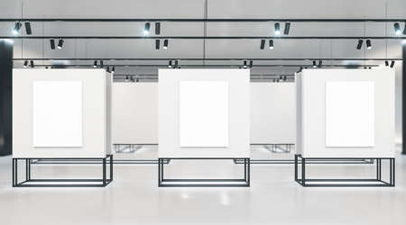 Clean exhibition room with three blank billboards. Performance and presentation concept. Mock up, 3D Renderingの写真素材