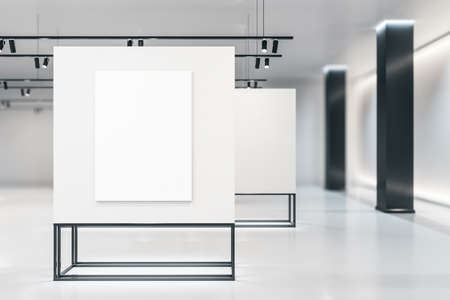 Clean white gallery interior with empty banner on wall. Art and design concept. Mock up, 3D Renderingの写真素材