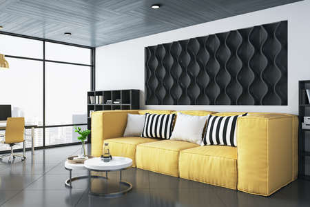 Luxuty living room interior with yellow couch and coffee table. Workplace and lifestyle concept. 3D...
