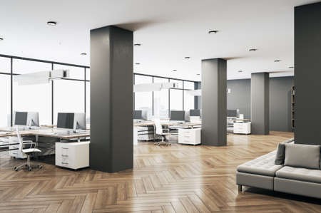 Modern office interior with city view and concrete columns. Business and design concept. 3D Renderingの写真素材