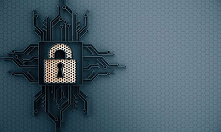 Symbol of a closed lock with a microcircuit and a place for your   mockup. 3D Rendering
