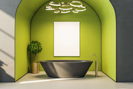 Bathroom interior with bath, yellow arch and blank banner. Style and hygiene concept. 3D Renderingの写真素材