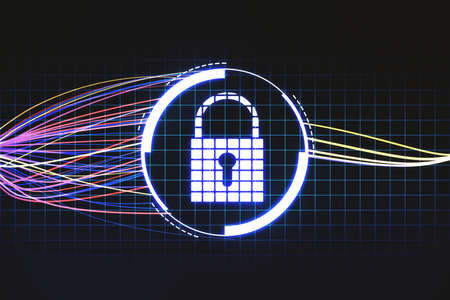 Creative round digital button with padlock. Safety and technology concept. 3D Rendering