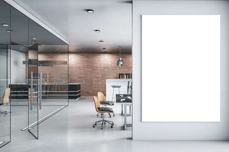 Luxury office with blank brick wall and blank poster. Presentation and company concept. 3D Rendering