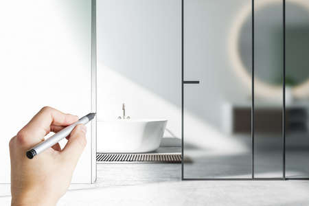 Hand drawing bathroom interior with white bath and glass wall. Style and hygiene concept.の写真素材